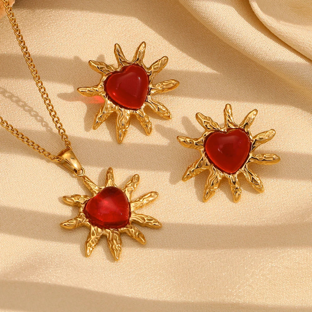 Conjunto Pendientes y Collar de Corazón de Ágata Roja en Oro 18K Conjunto de Joyas 13 CELINAH 