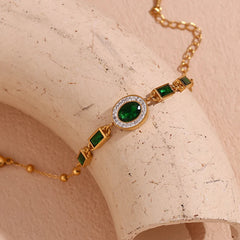 Pulsera Ovalada Verde Hipoalergénica Chapada en Oro 18K Pulsera 03 CELINAH 