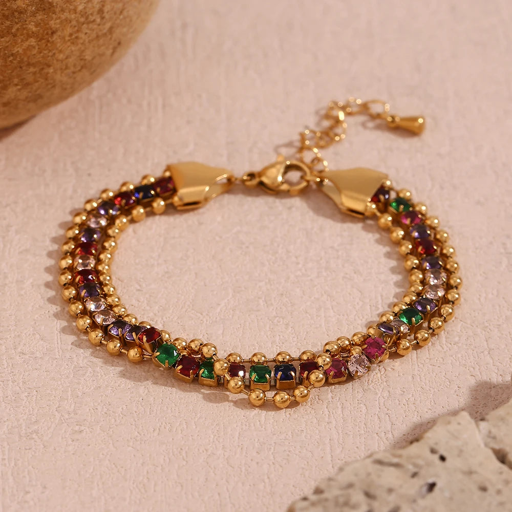 Pulsera de Cuentas de Tres Capas Chapada en Oro 18K Pulsera 12 CELINAH 