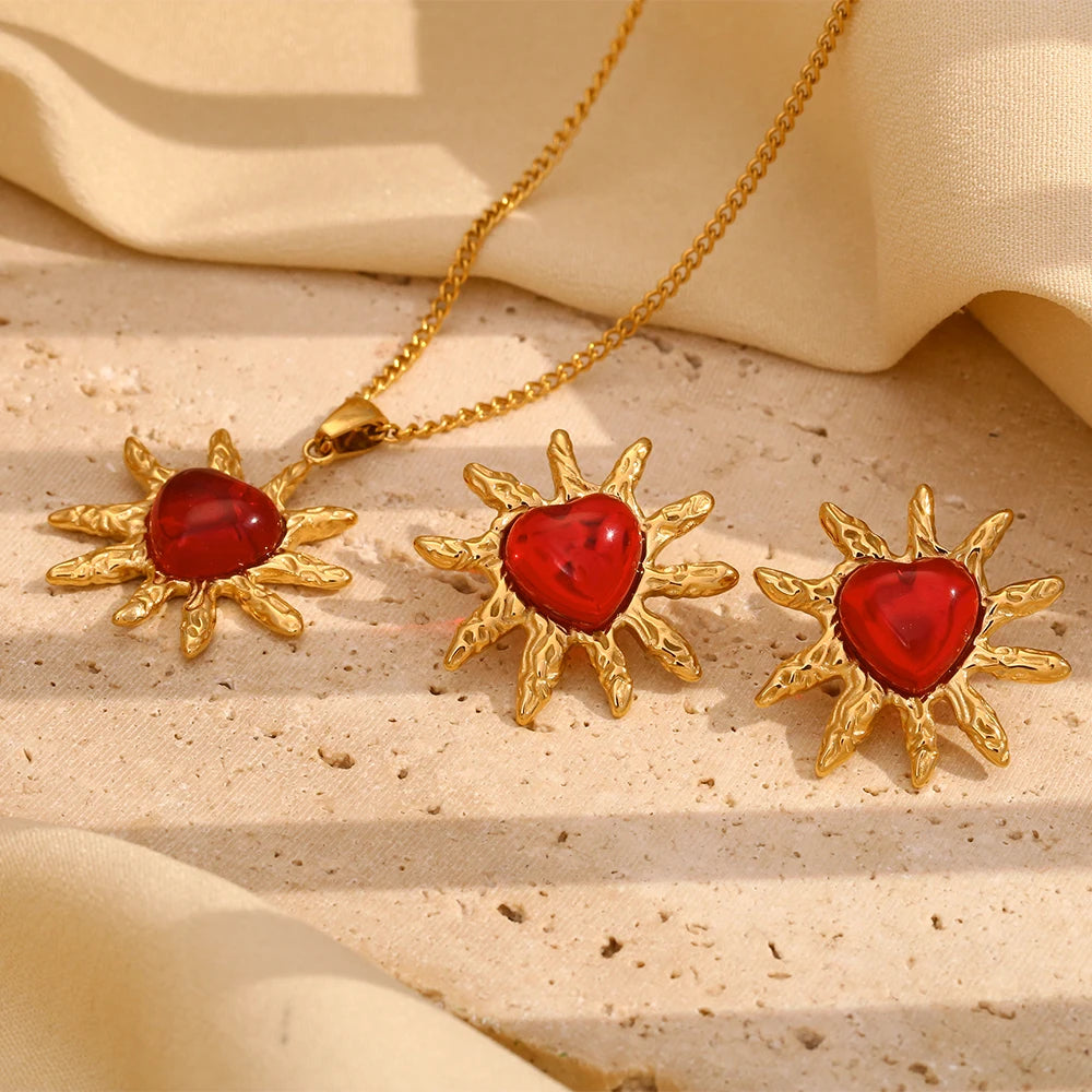 Conjunto Pendientes y Collar de Corazón de Ágata Roja en Oro 18K Conjunto de Joyas 13 CELINAH 