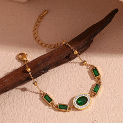 Pulsera Ovalada Verde Hipoalergénica Chapada en Oro 18K Pulsera 03 CELINAH 