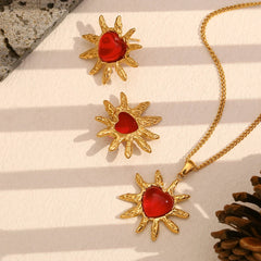 Conjunto Pendientes y Collar de Corazón de Ágata Roja en Oro 18K Conjunto de Joyas 13 CELINAH 