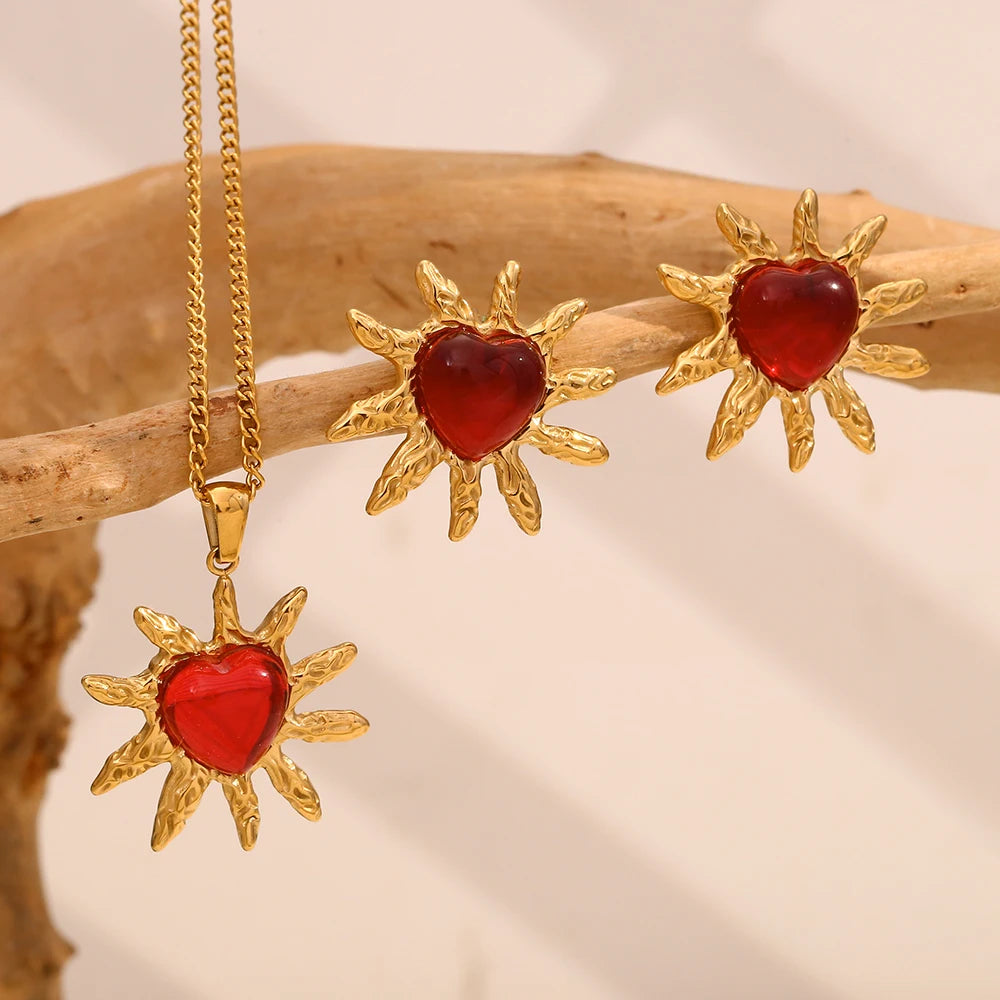 Conjunto Pendientes y Collar de Corazón de Ágata Roja en Oro 18K Conjunto de Joyas 13 CELINAH 