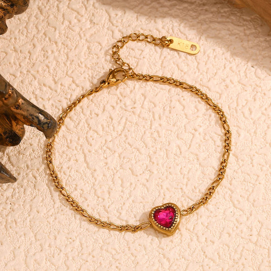 Pulsera Figaro con Colgante de Circón Rojo Chapada en Oro Pulsera 02 CELINAH 